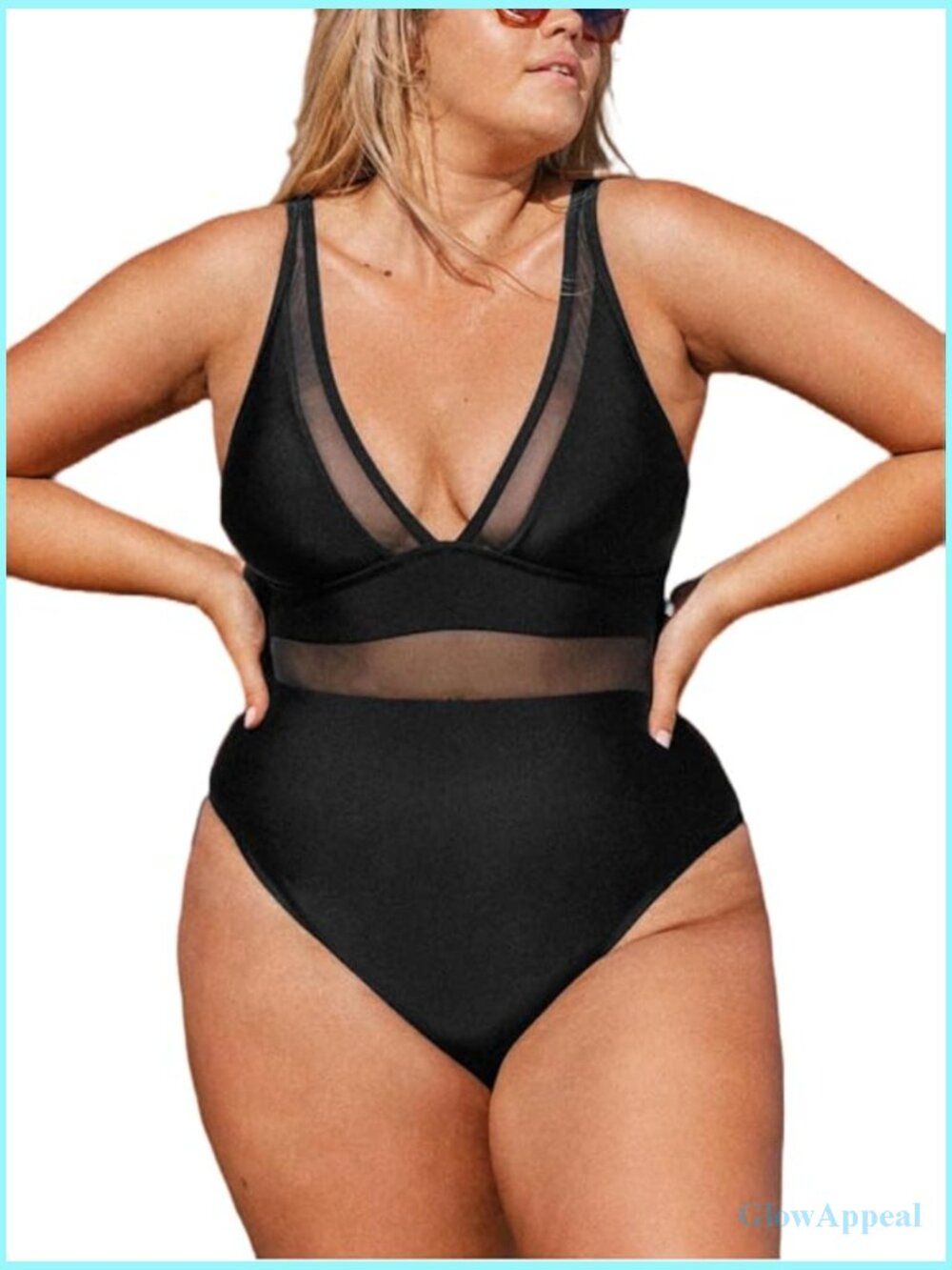 Plus Size One Piece Swimsuit V Neck Mesh Tummy Control Adjustable Straps
